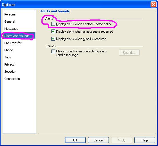 Do NOT display alerts when contacts come online.