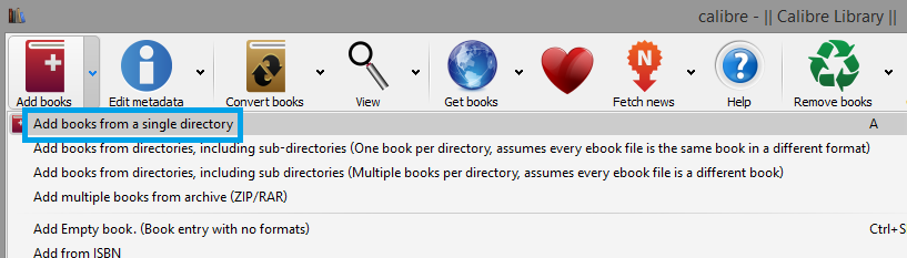 click Add books from a single directory in calibres main toolbar