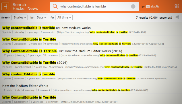 results at hn.algolgia of searching for contenteditable is terrible