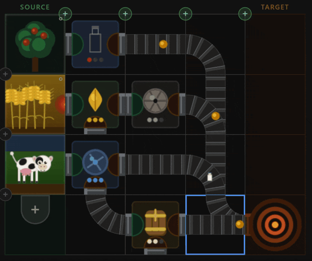 factory-fields-anim-640-oc.gif animation of factory fields game with an apple orchard, wheat field, dairy farm, juice factory, wheat thresher, stone mill, cane thresher, milk separator and many conveyor belts
