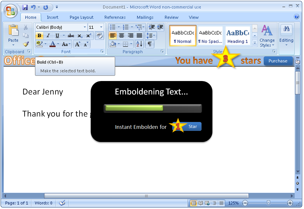 Dialog says: 'Emboldening Text... Instant Embolden for 1 Star.'