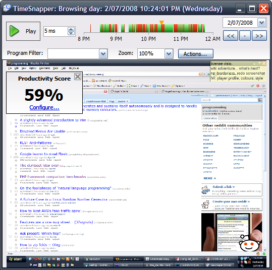 Green and red stripes in the timebar indicate your productive and non-productive time