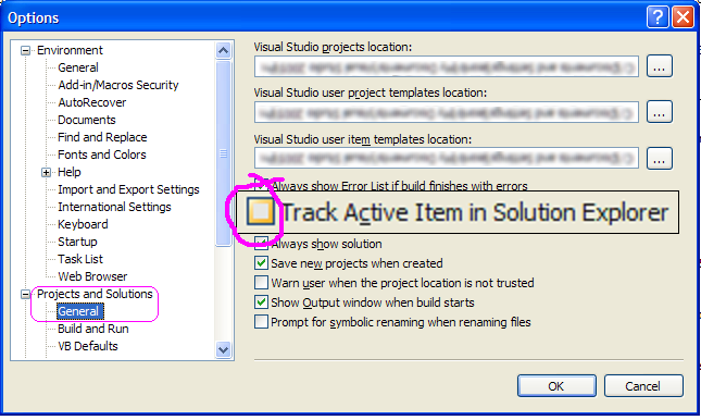 track active item in solution explorer: off by default for web profile