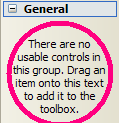 there are no usable controls in this group. Drag an item onto this text to add it to the toolbox