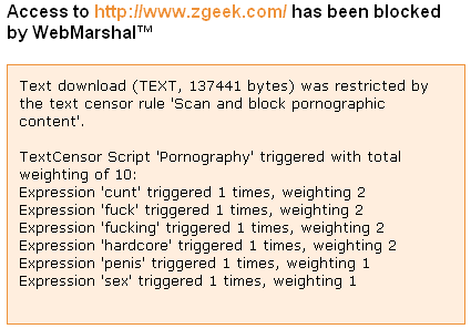 blocked by webmarshal! TextCensor Script Pornography triggered with total weighting of 10